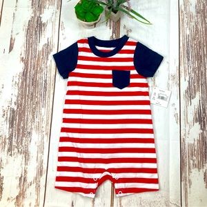 Way To Celebrate! Patriotic Pocket Romper Red White & Blue Striped Sz 3-6M